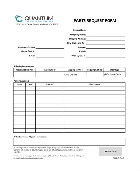Parts Order Form Template Free Printable Templates