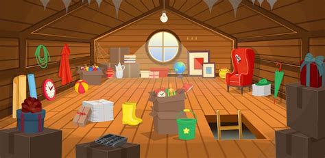 Premium Vector The Wooden Attic Interior With Boxes An Armchair A