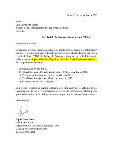 Modelo De Solicitud De Pedido A Una Municipalidad Peter Vargas