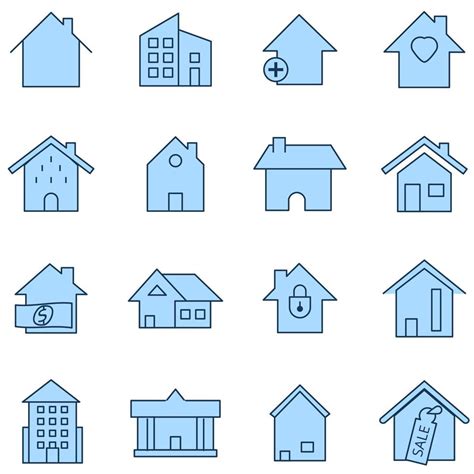 Set Of Home Icon Vector Illustrator House Blue Linear Line Symbol