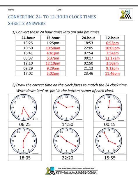 How to convert military time to standard? 24 Hour Clock Conversion Worksheets