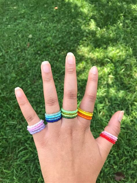 Seed Bead Rings Set Cute Danity Bead Rings Colorful Trendy Summer Handmade Rainbow Set Of 4 Etsy