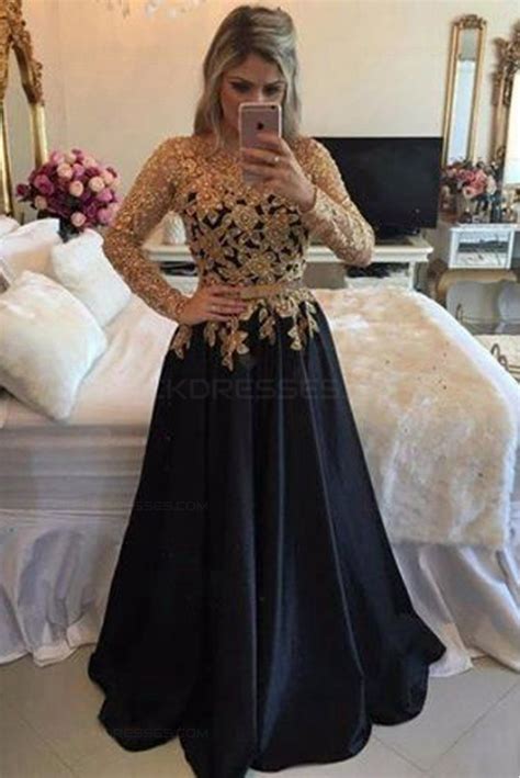 A Line Gold Lace Appliques Long Sleeves Prom Dresses Party