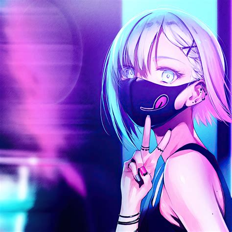 2048x2048 Anime Girl City Lights Neon Face Mask 4k Ipad Air Hd 4k Wallpapersimagesbackgrounds