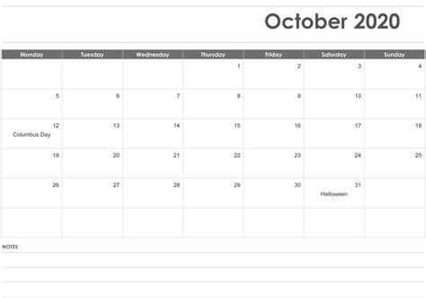 Printable Calendar For October 2020 Blank Template Download