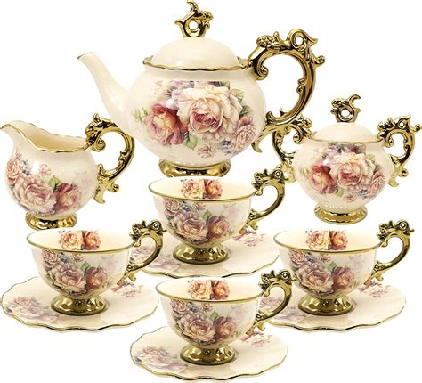 Fanquare 15 Pieces British Porcelain Tea Setsflower Vintage China Coffee Setwedding Tea