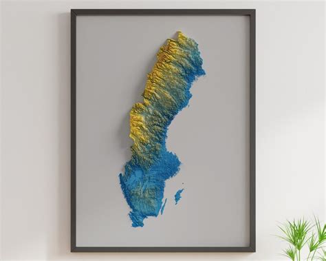 Sweden Shaded Relief Map Flag Colours Etsy