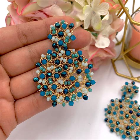 Royal Blue Crystal Earrings Gold Spiral Earrings Mandala Earrings