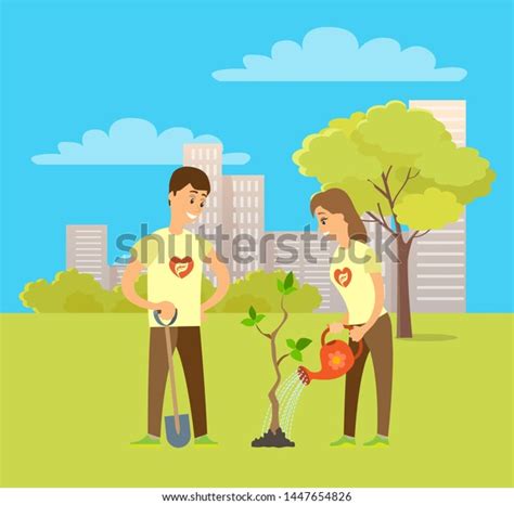 Volunteers Planting Tree City Park Vector Stock Vector Royalty Free