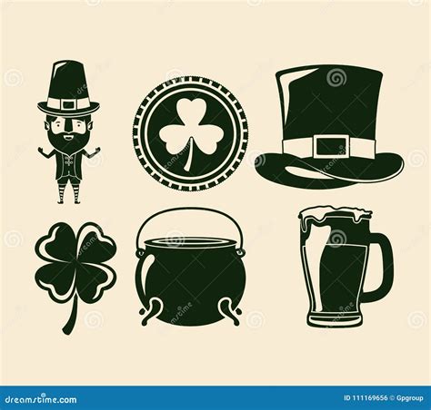 Saint Patricks Day Elements Set In Green Color Silhouette Stock Vector