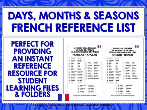 French Days Months Seasons Reference Mat Teaching Resources
