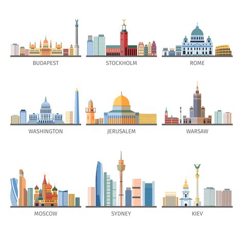 World Famous Cityscapes Flat Icons Collection 472375 Vector Art At Vecteezy