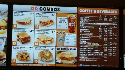 Bakery, breakfast sandwiches, bakery sandwiches, combos with coffee, combos with tea. Dunkin' Donuts Menu Prices