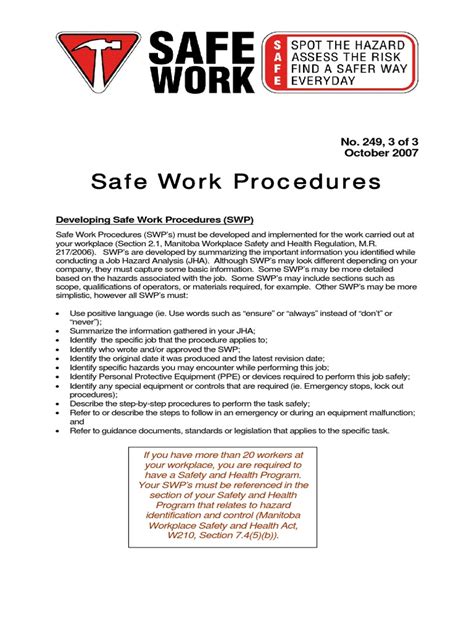 Safe Work Procedure Bulletin Pdf Personal Protective Equipment
