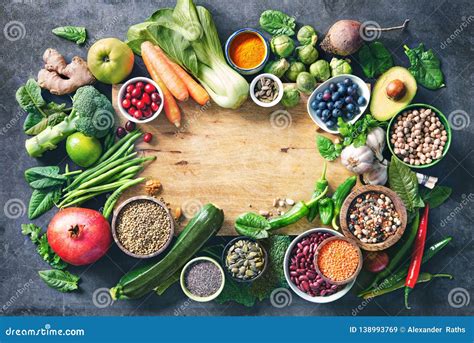 Healthy Food Selection With Fruits Vegetables Seeds Super Foods