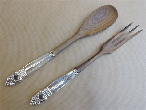 Pair Of Royal Danish Sterling And Olive Wood Salad Servers By
