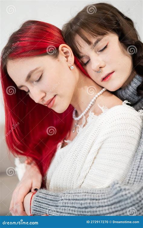 Two Young Caucasian Women Embrace Tenderly Same Sex Relationships