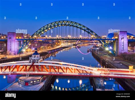 Newcastle Upon Tyne City View With Tyne Bridge And Swing Bridge Over