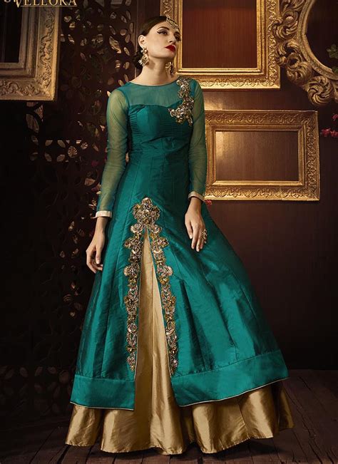 Stitch & turn your plain anarkali gown into a partywear dress with these suit designing ideas. Buy Teal green color taffeta silk party wear lehenga in UK, USA and Canada
