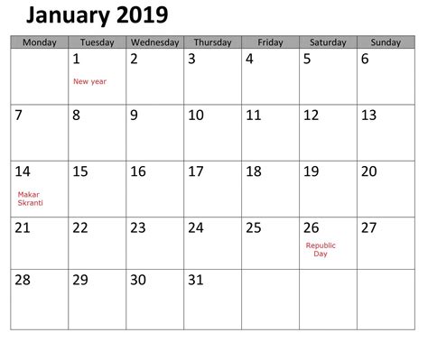 January Blank Calendar With Holidays 2019 Calendar Editable Calendar