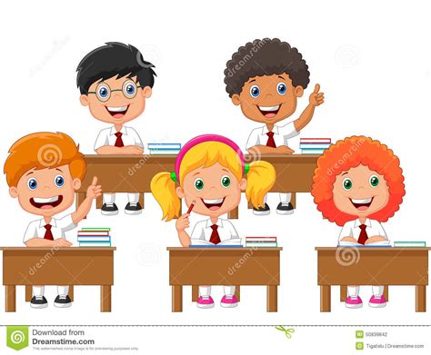 School Children Cartoon In Classroom At Lesson Stock