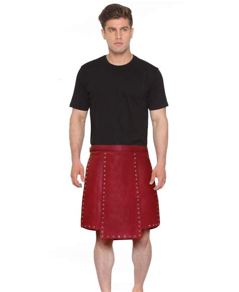 Mens Studded Red Leather Kilt With Side Buckle Tabs