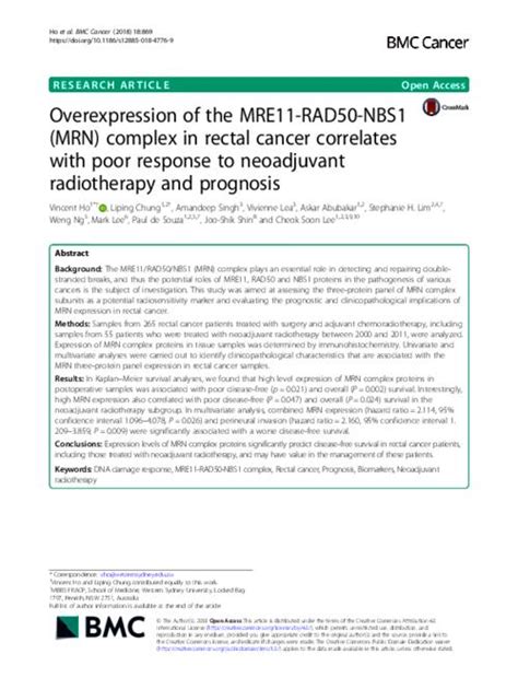 Overexpression Of The Mre11 Rad50 Nbs1 Mrn Complex In Rectal Cancer