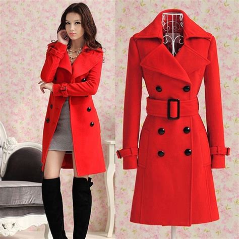 2013 Womens Red Trench Slim Winter Warm Coat Long Wool Jacket Outwear