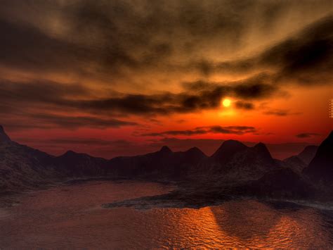 Wallpaper Sunlight Sunset Sea Rock 3d Render Reflection Sky
