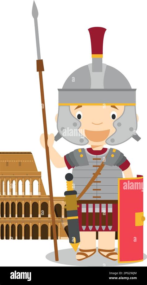 Roman Empire Soldier Cartoon Character With The Colisseum Vector