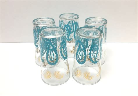 vintage federal glass drinking glasses gold and aqua paisley etsy