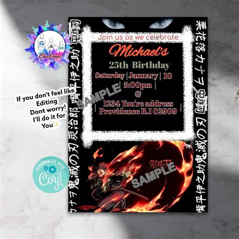 Demon Slayer Birthday Party Invitation Anime Digital Etsy Uk