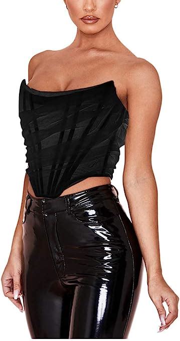 women s exotic sexy strapless mesh bustier open back boned corset crop top zip back off shoulder