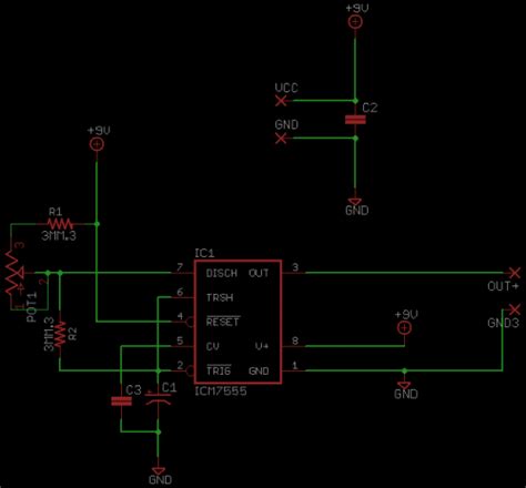 555 timer ic (as a pulse generator) 4017 ic counter (main ic of the circuit) 1m potentiometer (controls the timing of pulse generated by 555 timer) red, yellow and green leds. 555 Timer Schematic | Synthrotek
