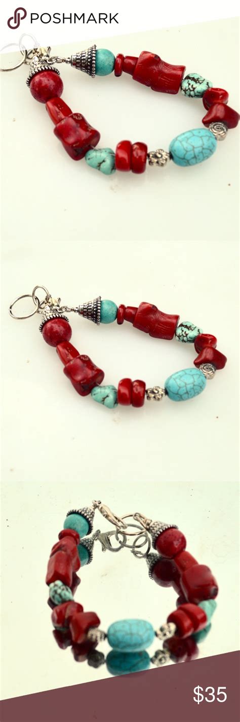 Genuine Red Coral Turquoise Bracelet Silver Boho Thank You For Looking