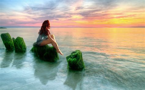 Download Barefoot Sunset Moss Ocean Redhead Woman Mood Hd Wallpaper