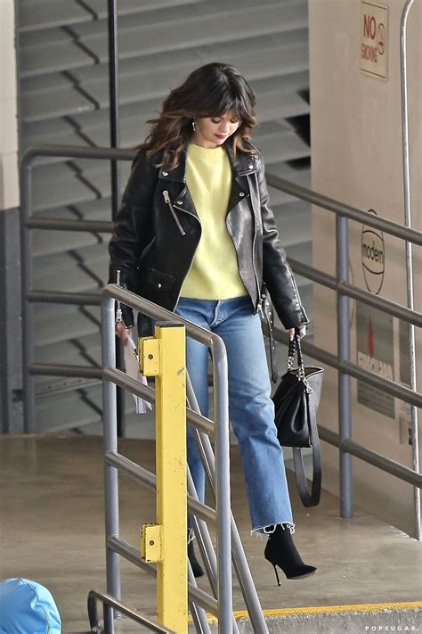 Selena Gomez Makes A Neon Sweatshirt And Leather Jacket Look So Damn