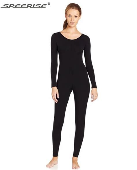 women black long sleeve unitard bodysuit spandex lycra full body tight jumpsuit scoop neck