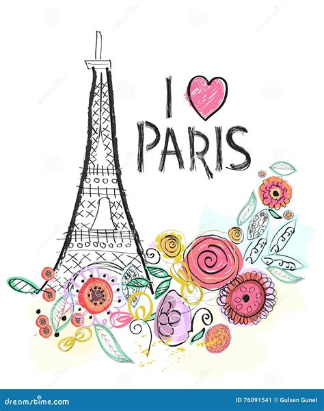Eiffel Tower And Summer Flowers I Love Paris Hand Drawn Letter Vector