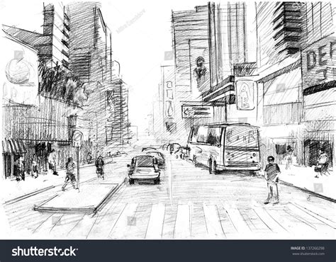 Pencil Drawing Big Modern City New Stock Illustration