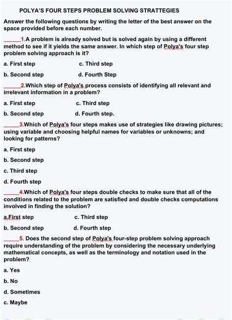 Solved POLYA S FOUR STEPS PROBLEM SOLVING STRATTEGIES Answer The Following Questions By Writing