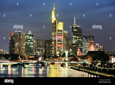 River Main And Frankfurt Skyline At Night Frankfurt Germany Stock