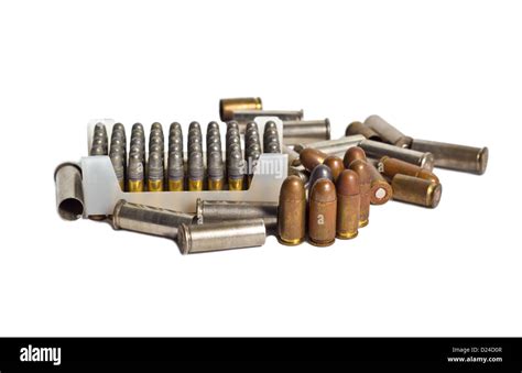 Old Bullets New Bullets And Bullet Shells On White Background Stock