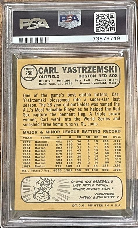 1968 Topps Carl Yastrzemski 250 Psa 7 Nm Boston Red Sox Hall Of Famer Ebay