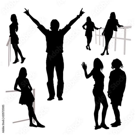 Vector 7 Silhouettes Of People Of Different Sex In Full Growth Group Of Man Lifted Hands