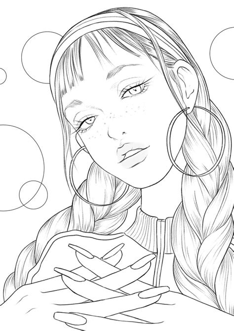 Retro Girl Coloring Page For Adults Printable Coloring Page Etsy Detailed Coloring Pages