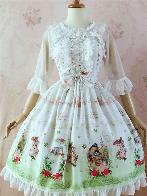 Sweet Lolita Op One Piece Dress Ruffles Frills Lace Pleated Cat Printed