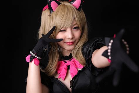 Portrait Of Japan Anime Cosplay Girl Isolated In Black Background Stock