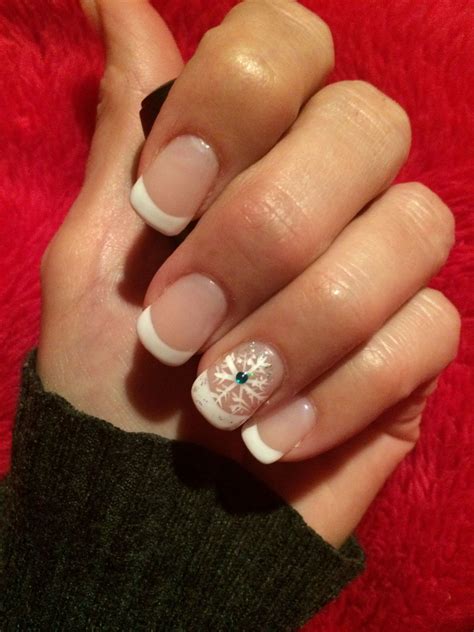 French Manicure With Snowflake Design French Tip Nail Designs Gel French Manicure Holiday Nails