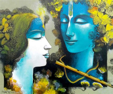 Radha Krishna Mixed Media On Canvas Blue Yellow Green By